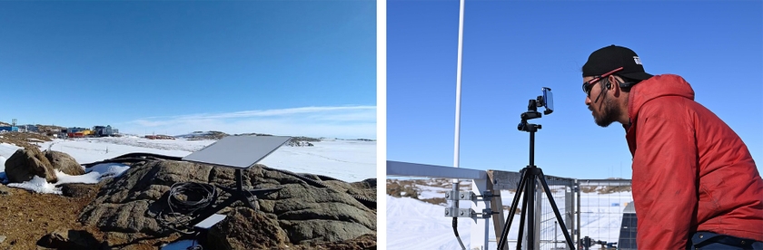 左：Starlinkアンテナ設置の様子、右：昭和基地でスマートフォンを使い8K映像を伝送する隊員。提供：国立極地研究所